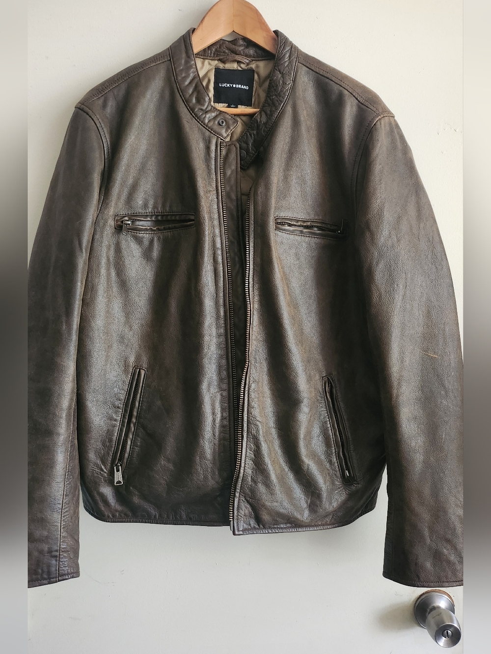 Lucky Brand Dark Brown Washed Leather Bomber Jacket